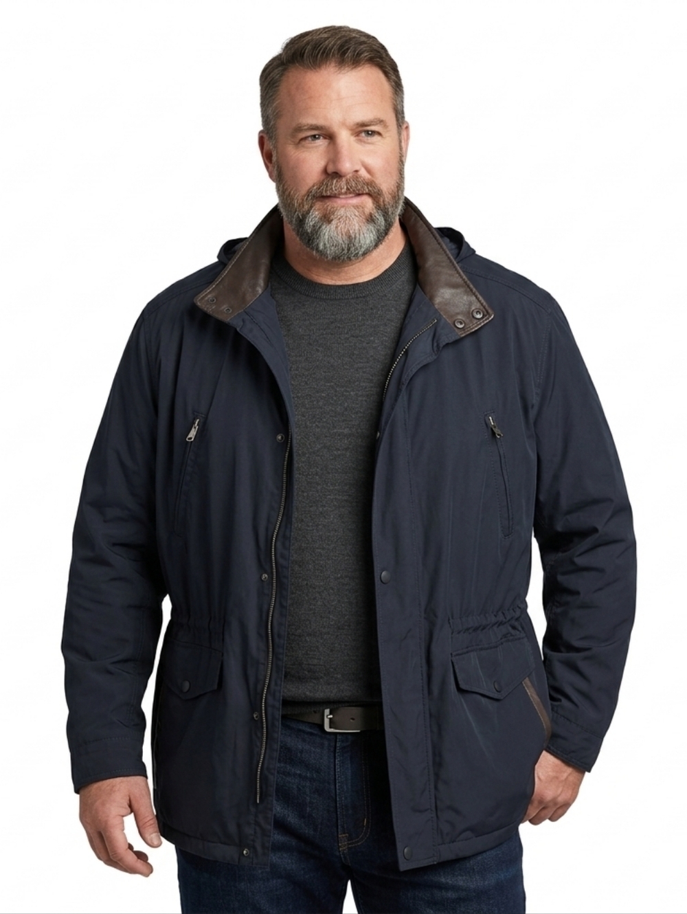 REMY Navy Field Jacket Lambskin Leather Trim 2XL Rochester Big & Tall Luxury